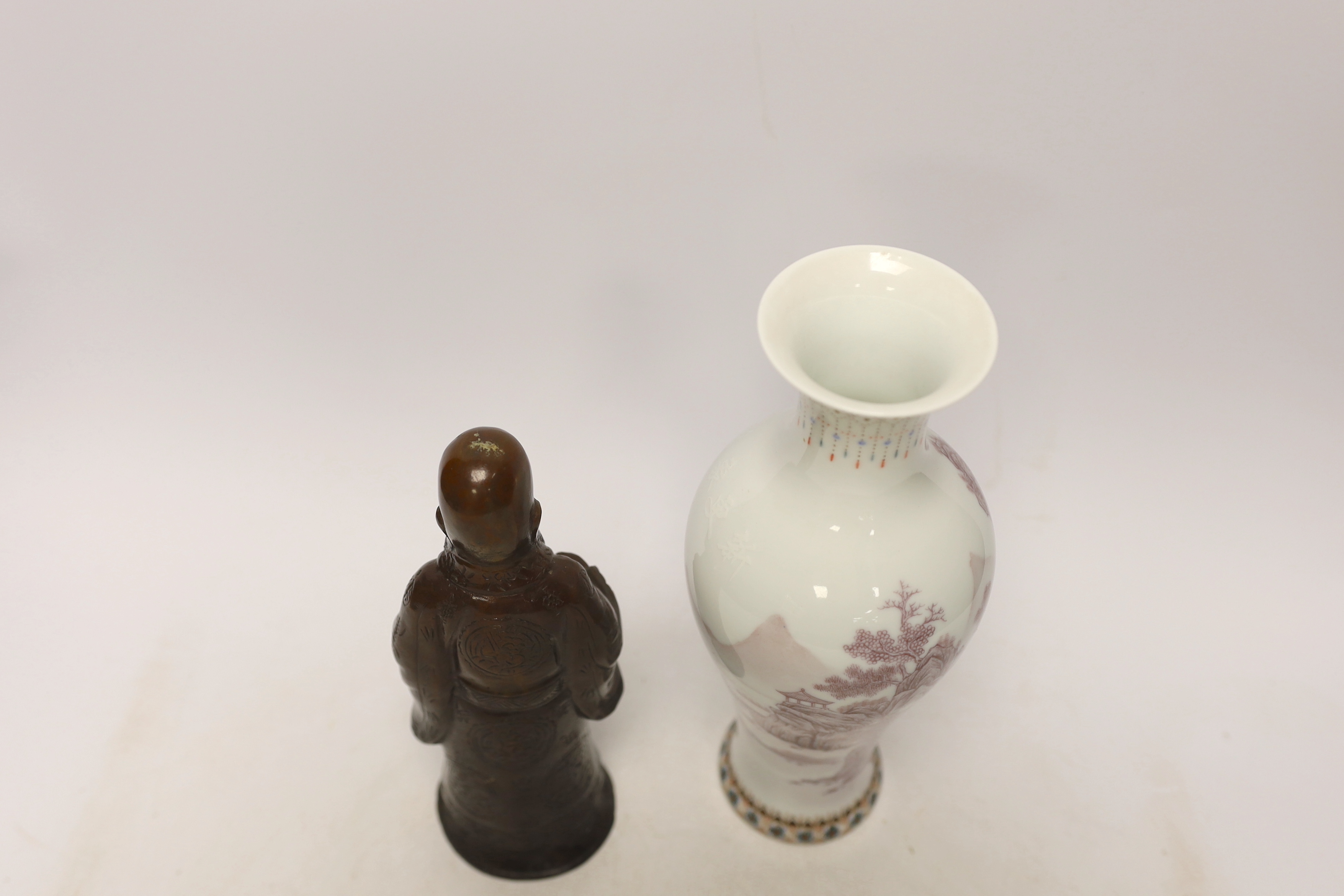 A Chinese bronze figure of Shou Lao and a Chinese Republic period vase, 1991, largest 26cm high